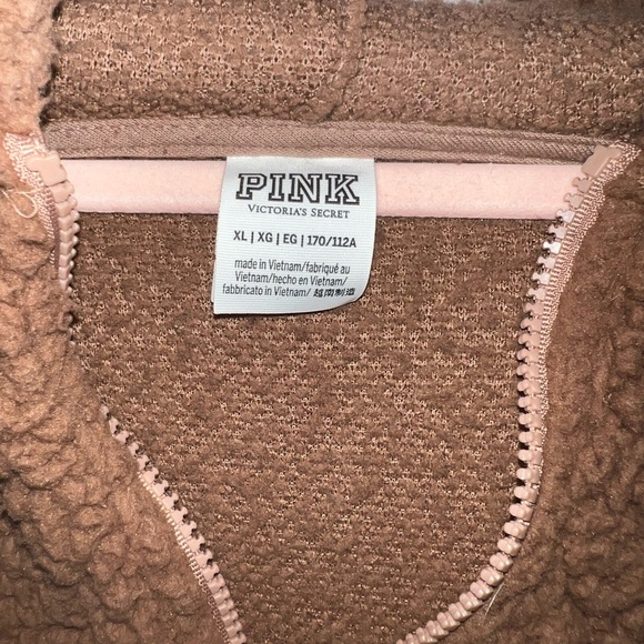 XL BROWN VICTORIA'S SECRET PINK VARSITY SHERPA HALF ZIP PULLOVER JACKET- NWOT - Picture 2 of 3